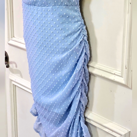 Eilly Bazar Light Blue Raised Dot On/Off Shoulder Ruffle Ruched Dress,Large - Picture 11 of 16